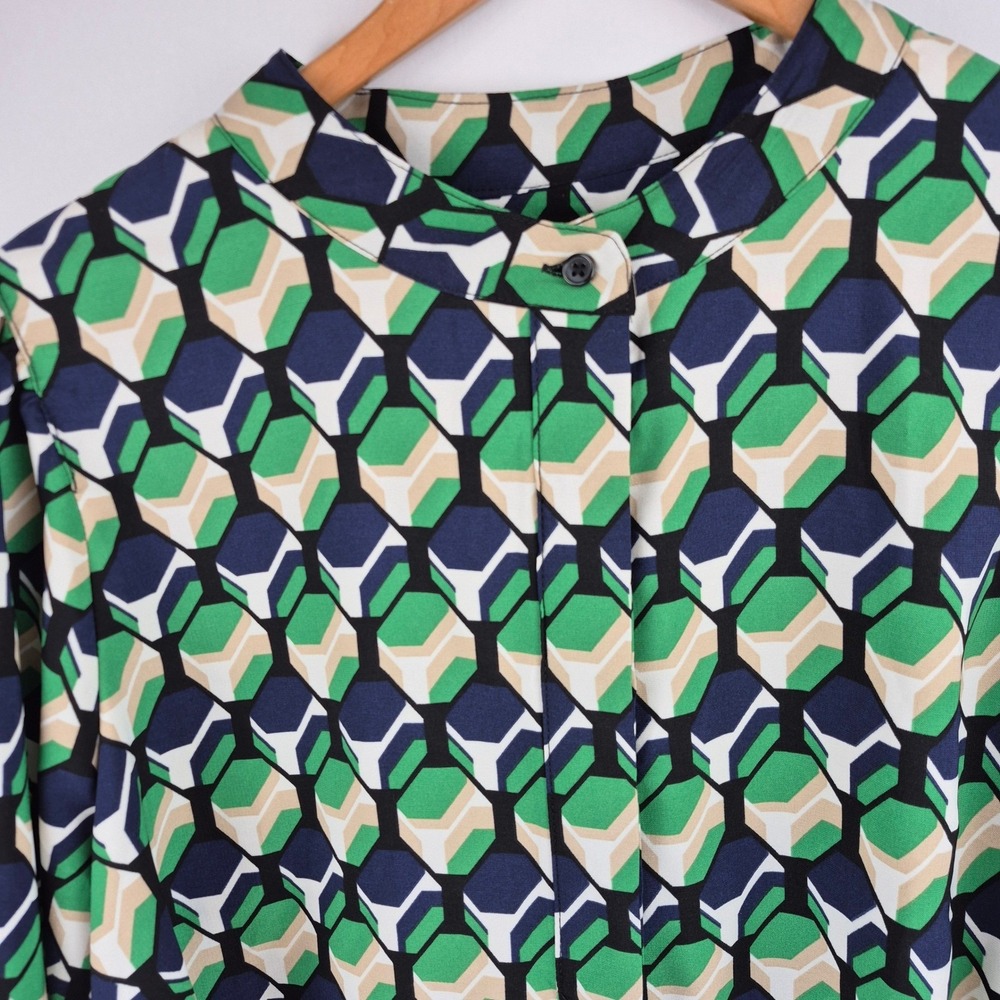 Anne Klein Geo Printed Poet Blouse Women's 1X Green Tan Covered Placket Top NWT - Picture 2 of 16
